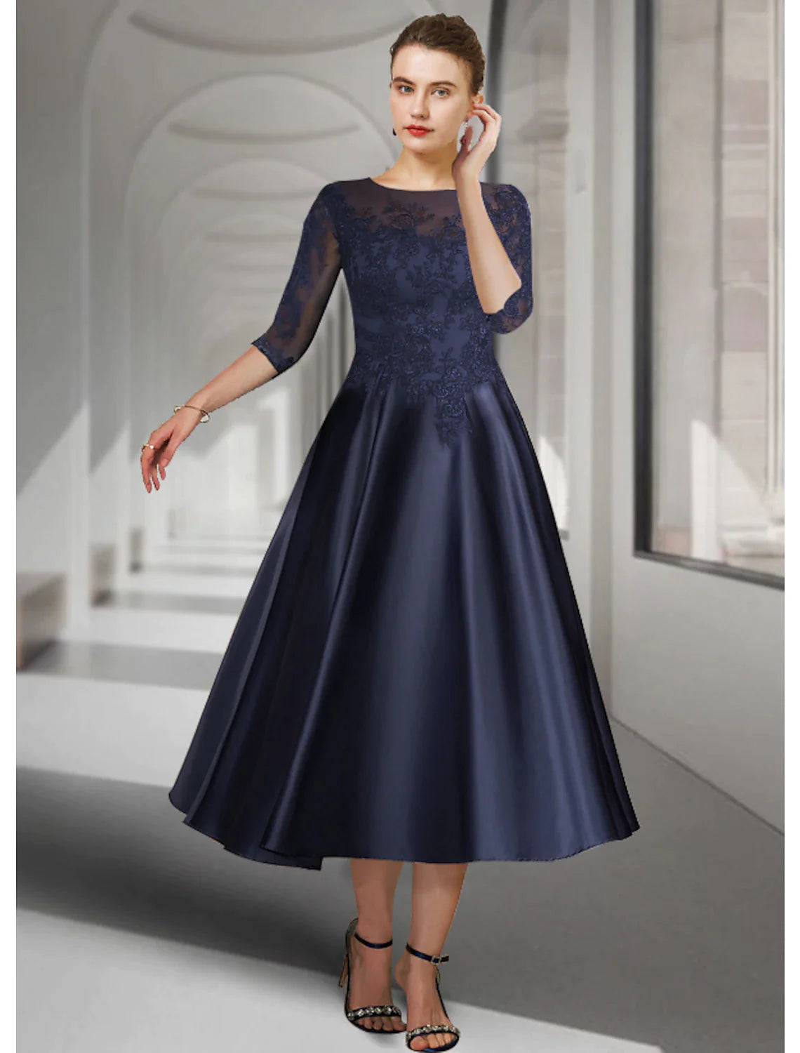 Wholesale A-Line Mother of the Bride Dress Wedding Guest Elegant Jewel Neck Tea Length Satin Lace 3/4 Length Sleeve with Pleats Appliques